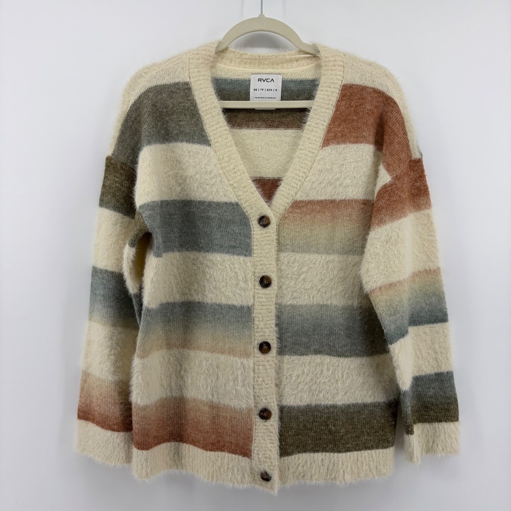 RVCA Cardigan‎ Sweater Cream Multi Womens XS Striped Fuzzy V-Neck Button Front